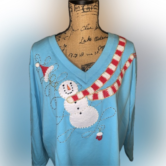Quacker Factory Festive Beaded Embroidered Light Blue Snowman Santa Sweater 3X - Picture 4 of 11